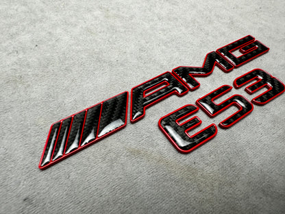 AMG E 53 red metal with carbon emblem badge for Mercedes E-Class trunk, premium quality, easy installation