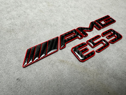 AMG E 53 red metal with carbon emblem badge for Mercedes E-Class trunk, premium quality, easy installation