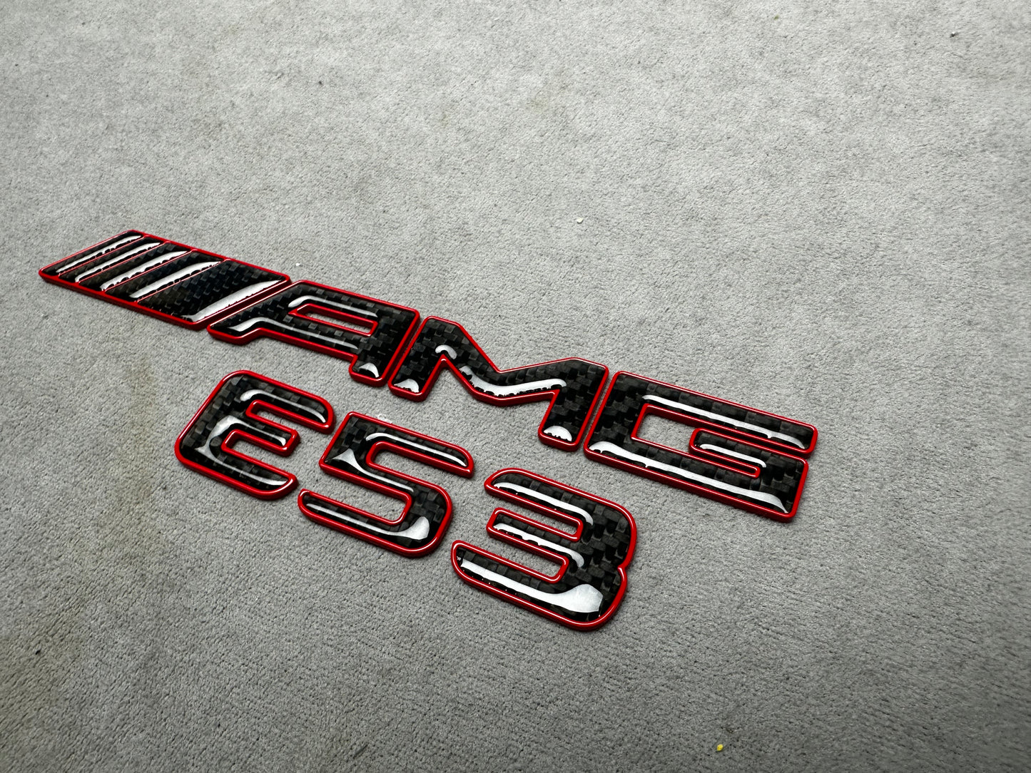 AMG E 53 red metal with carbon emblem badge for Mercedes E-Class trunk, premium quality, easy installation