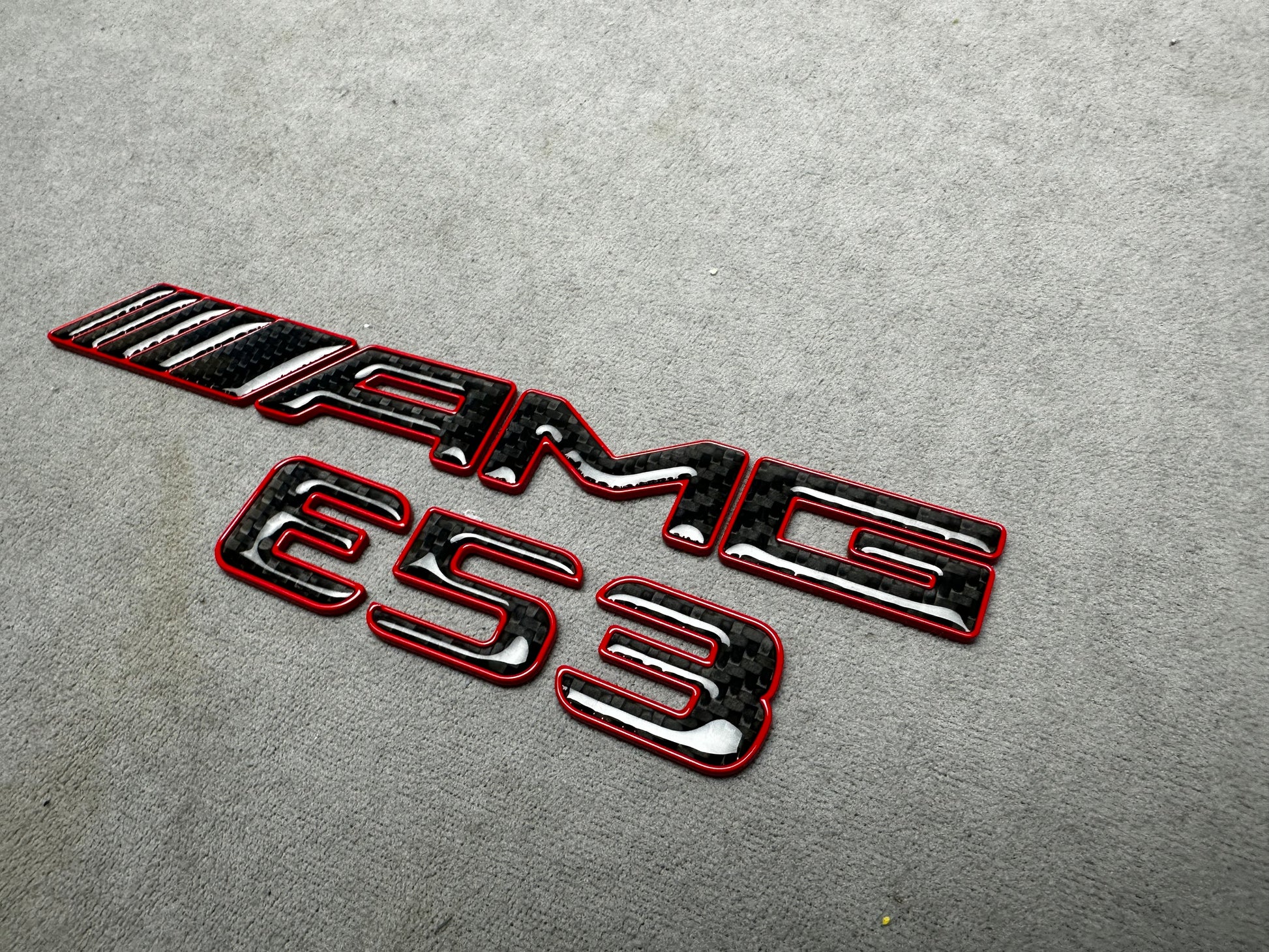 AMG E 53 red metal with carbon emblem badge for Mercedes E-Class trunk, premium quality, easy installation