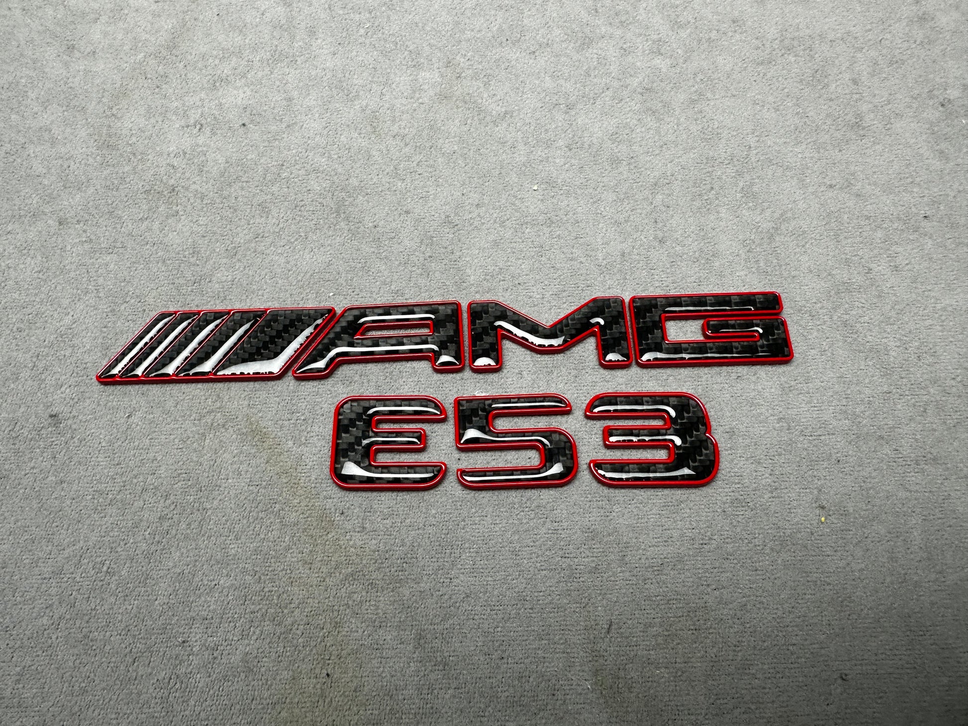 AMG E 53 red metal with carbon emblem badge for Mercedes E-Class trunk, premium quality, easy installation