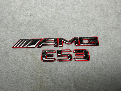 AMG E 53 red metal with carbon emblem badge for Mercedes E-Class trunk, premium quality, easy installation