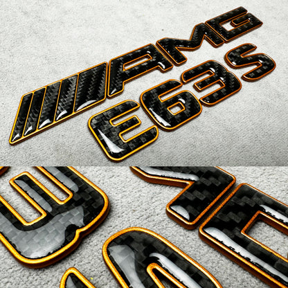 AMG E63S gold with carbon emblem badge for Mercedes E-Class trunk, premium quality, easy installation