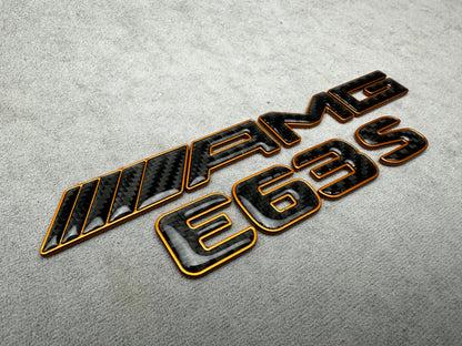 AMG E63S gold with carbon emblem badge for Mercedes E-Class trunk, premium quality, easy installation
