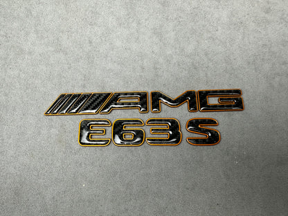 AMG E63S gold with carbon emblem badge for Mercedes E-Class trunk, premium quality, easy installation