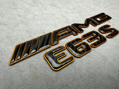 AMG E63S gold with carbon emblem badge for Mercedes E-Class trunk, premium quality, easy installation