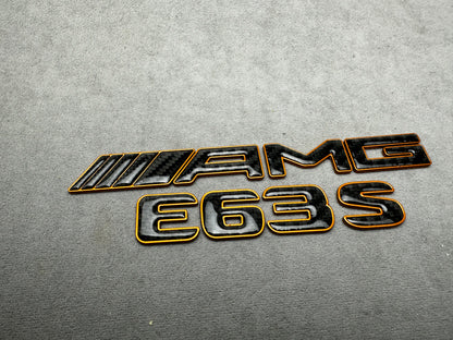 AMG E63S gold with carbon emblem badge for Mercedes E-Class trunk, premium quality, easy installation
