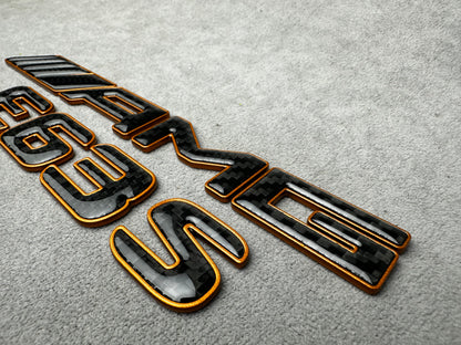 AMG E63S gold with carbon emblem badge for Mercedes E-Class trunk, premium quality, easy installation