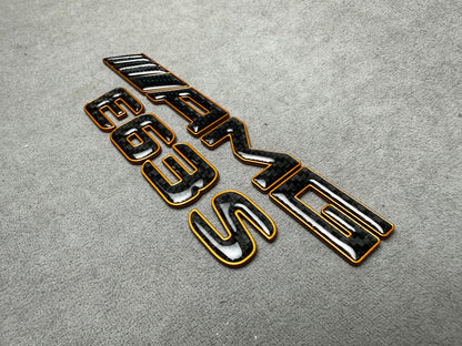 AMG E63S gold with carbon emblem badge for Mercedes E-Class trunk, premium quality, easy installation
