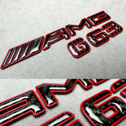 AMG G63 red metallic with carbon emblem badge for Mercedes G-Class W465, premium finish, easy installation