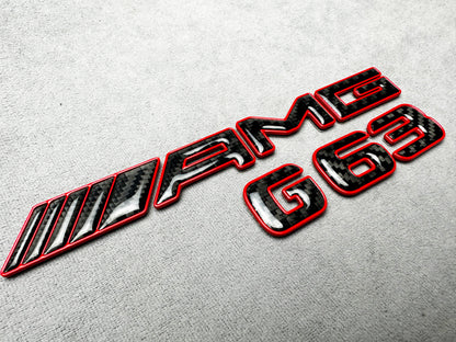 AMG G63 red metallic with carbon emblem badge for Mercedes G-Class W465, premium finish, easy installation