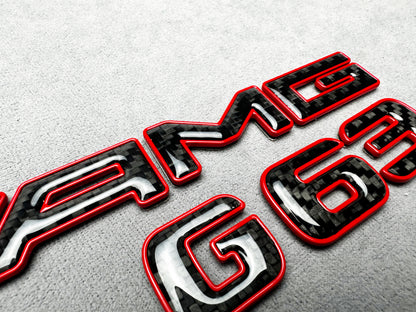 AMG G63 red metallic with carbon emblem badge for Mercedes G-Class W465, premium finish, easy installation