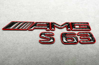 AMG S63 red metal with carbon emblem badge for Mercedes-Benz S-Class, rear trunk, high-quality design