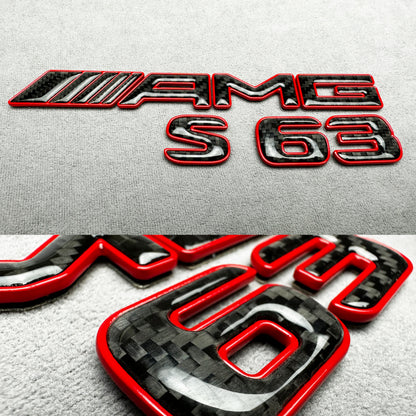 AMG S63 red metal with carbon emblem badge for Mercedes-Benz S-Class, rear trunk, high-quality design