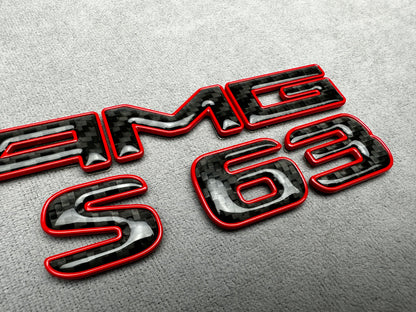 AMG S63 red metal with carbon emblem badge for Mercedes-Benz S-Class, rear trunk, high-quality design