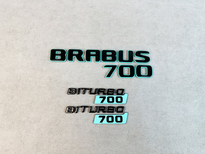 Biturbo 700 fender badge with Tiffany Blue text on black gloss finish