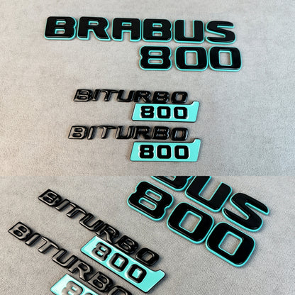Brabus 800 rear trunk emblem in gloss black with Tiffany Blue text