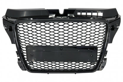 Badgeless Front Grille RS Design Honeycomb Piano Black with PDC Covers for Audi A3 8P Facelift (2007–2012)