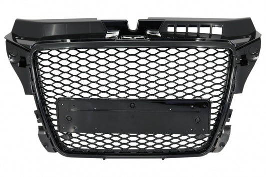 Badgeless Front Grille RS Design Honeycomb Piano Black with PDC Covers for Audi A3 8P Facelift (2007–2012)