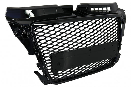 Badgeless Front Grille RS Design Honeycomb Piano Black with PDC Covers for Audi A3 8P Facelift (2007–2012)