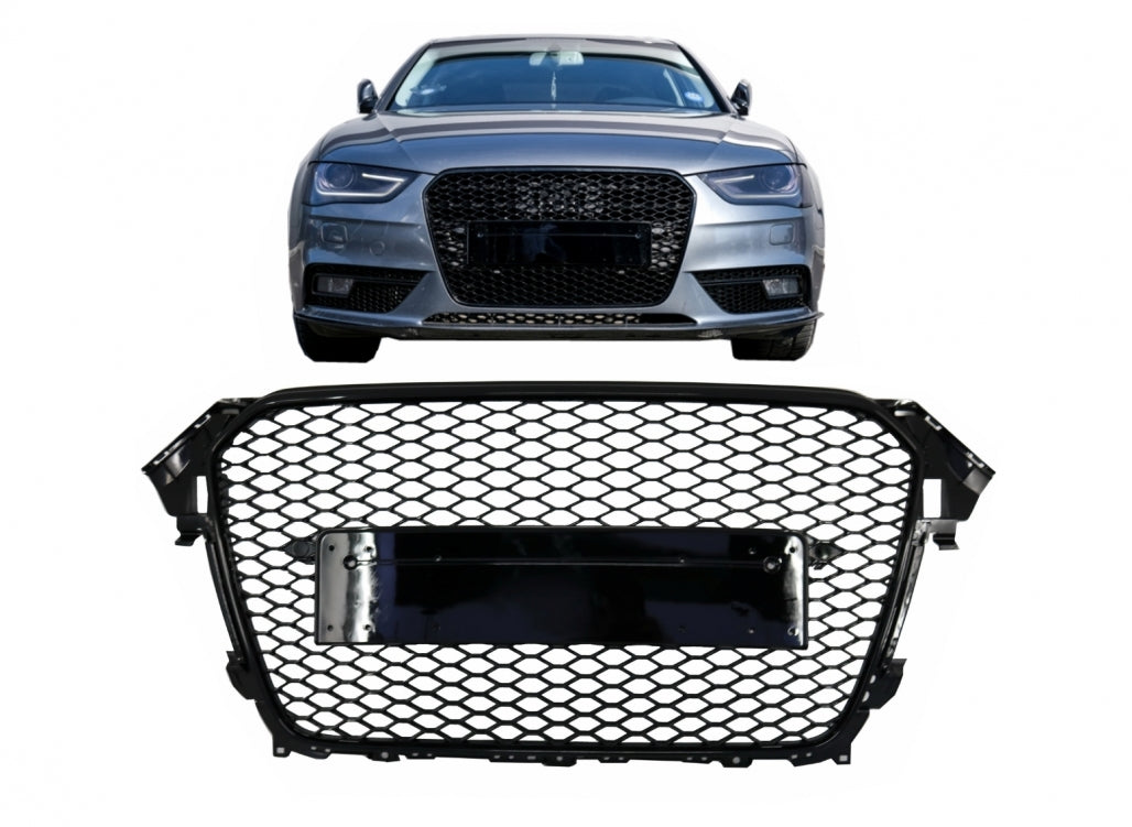 Badgeless Front Grille RS Design Honeycomb Piano Black with PDC Covers for Audi A4 B8 Facelift (2012–2015)