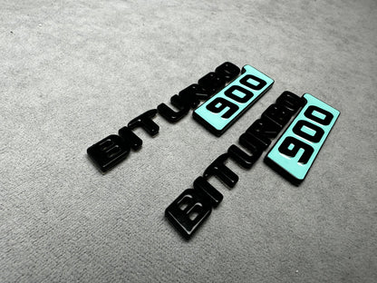 Biturbo 900 black Tiffany Blue side badges for Mercedes, premium metallic finish with adhesive backing