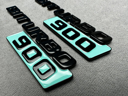 Biturbo 900 black Tiffany Blue side badges for Mercedes, premium metallic finish with adhesive backing