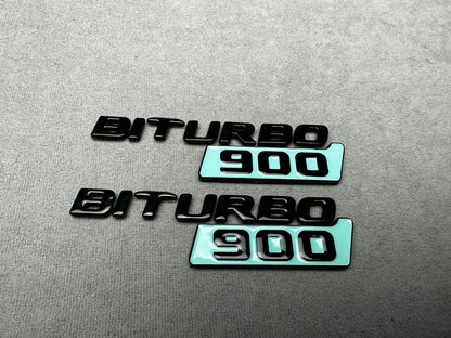 Biturbo 900 black Tiffany Blue side badges for Mercedes, premium metallic finish with adhesive backing