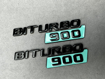 Biturbo 900 black Tiffany Blue side badges for Mercedes, premium metallic finish with adhesive backing