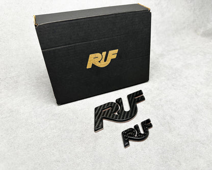 Close-up of black with carbon RUF badge for Porsche classic models