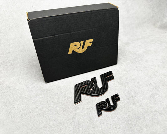 Close-up of black with carbon RUF badge for Porsche classic models