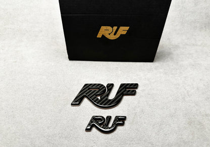 High-quality RUF badge in sleek black with carbon texture for Porsche 911