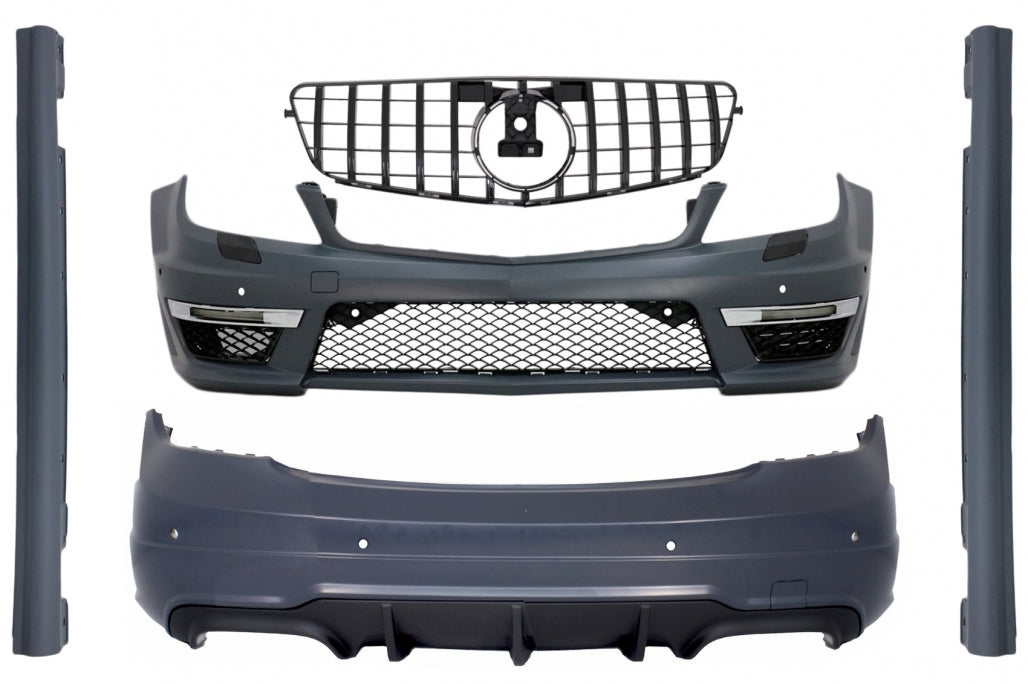 Body Kit C63 Design with GT-R Panamericana Grille Piano Black for Mercedes C-Class W204 Sedan (2007–2014)