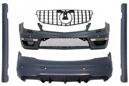 Body Kit C63 Design with GT-R Panamericana Grille Piano Black for Mercedes C-Class W204 Sedan (2007–2014)