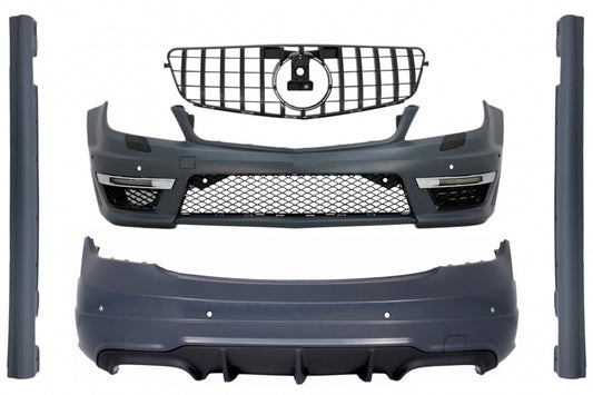 Body Kit C63 Design with GT-R Panamericana Grille Piano Black for Mercedes C-Class W204 Sedan (2007–2014)