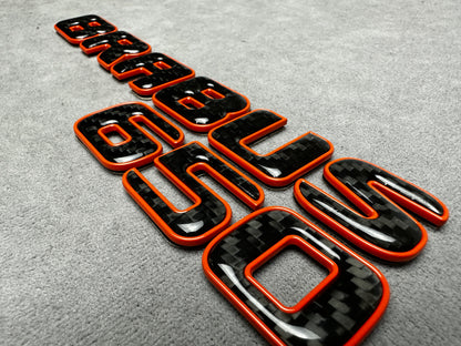 Brabus 650 emblem badge rear trunk 2-component red metallic with genuine carbon for Mercedes, premium design, easy installation.