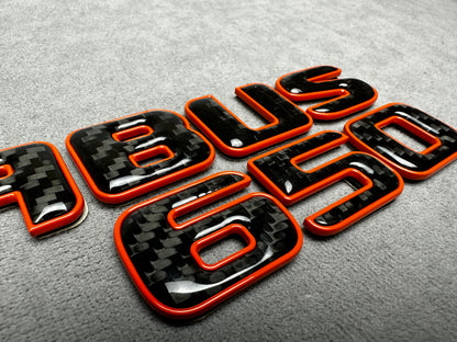 Brabus 650 emblem badge rear trunk 2-component red metallic with genuine carbon for Mercedes, premium design, easy installation.