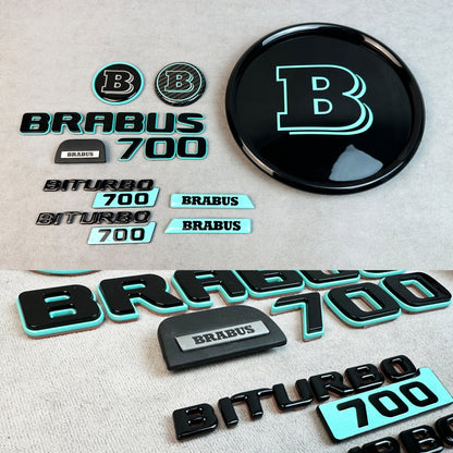 Complete Brabus 700 emblem kit in gloss black Tiffany Blue for Mercedes G-Wagon