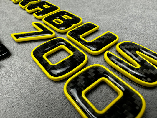 Brabus 700 emblem badge set 2-component yellow metallic with genuine carbon for Mercedes, premium design, easy installation