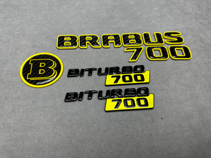 Brabus 700 emblem badge set 2-component yellow metallic with genuine carbon for Mercedes, premium design, easy installation