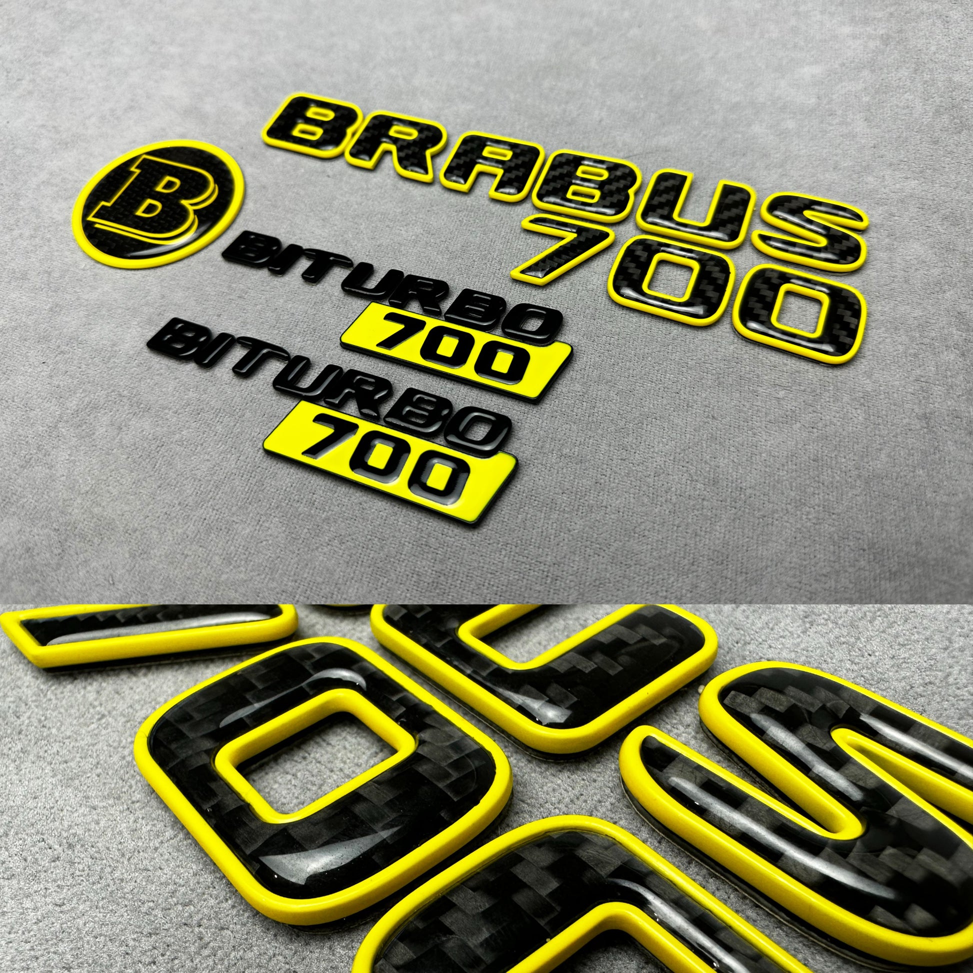 Brabus 700 emblem badge set 2-component yellow metallic with genuine carbon for Mercedes, premium design, easy installation