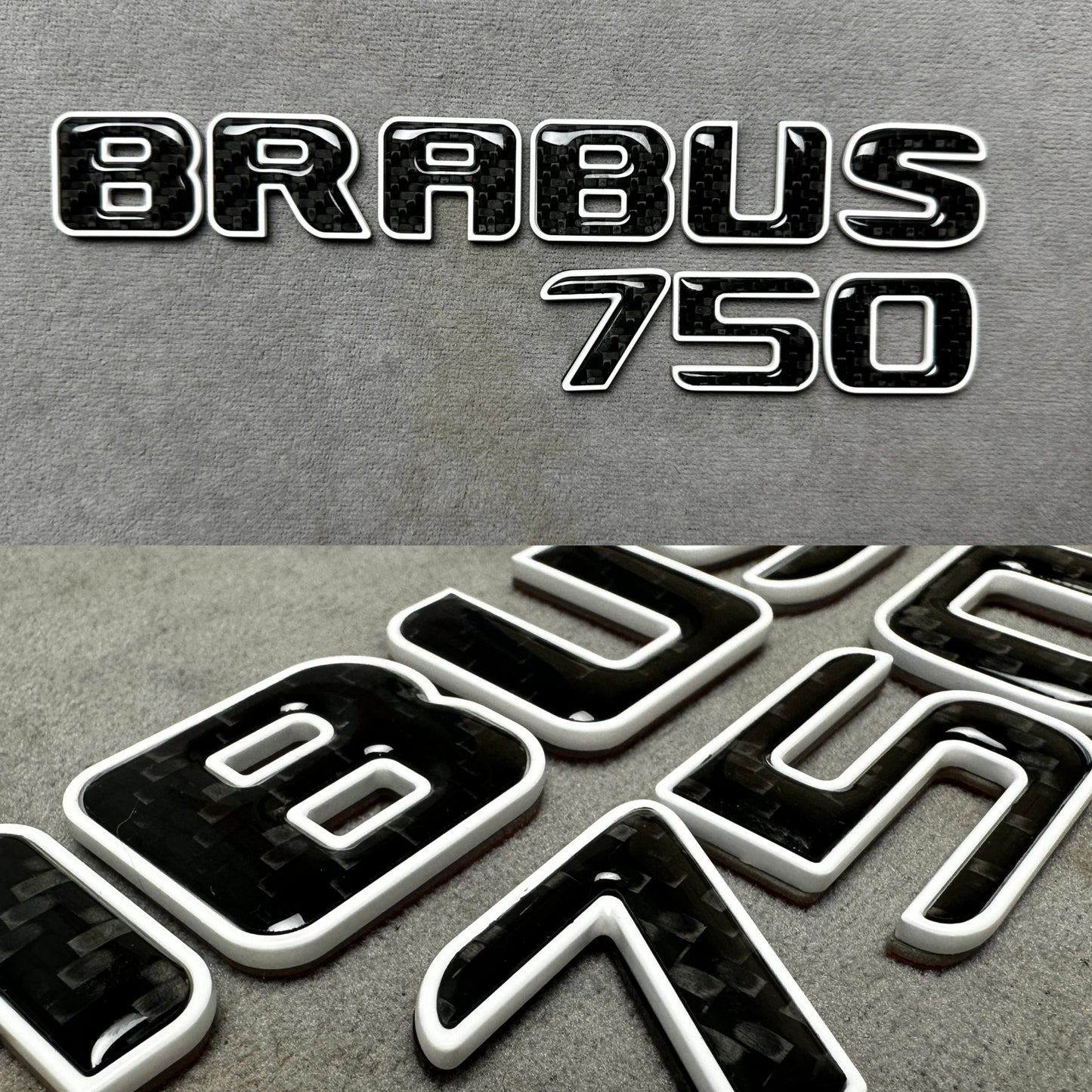 Brabus 750 white metallic emblem badge with carbon accents for AMG Mercedes SL 63 trunk, premium quality and easy installation