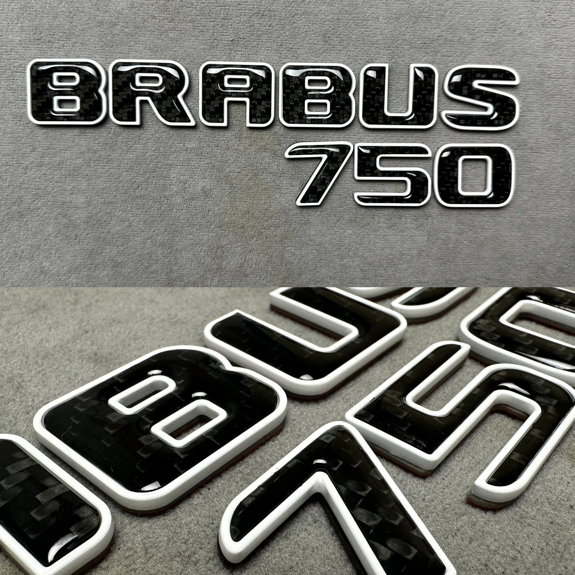Brabus 750 white metallic emblem badge with carbon accents for AMG Mercedes SL 63 trunk, premium quality and easy installation