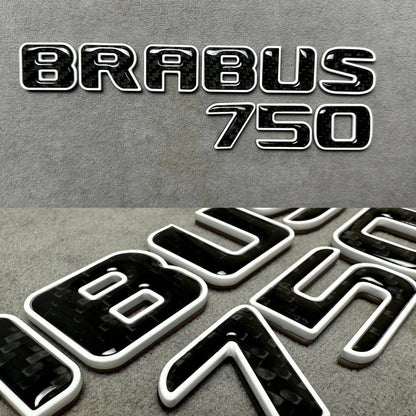 Brabus 750 white metallic emblem badge with carbon accents for AMG Mercedes SL 63 trunk, premium quality and easy installation