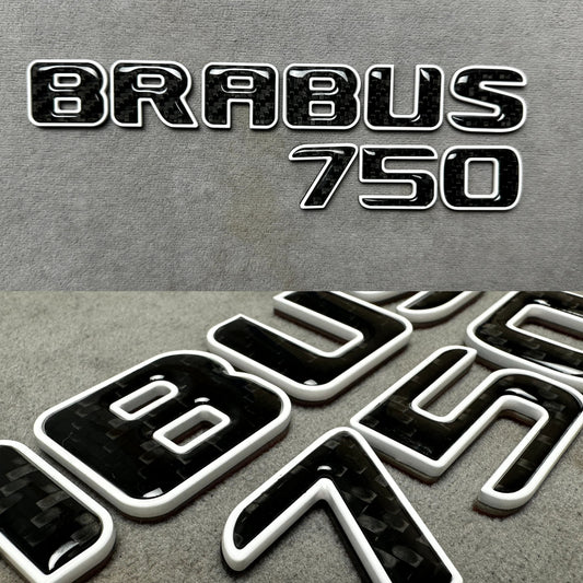 Brabus 750 white metallic emblem badge with carbon accents for AMG Mercedes SL 63 trunk, premium quality and easy installation