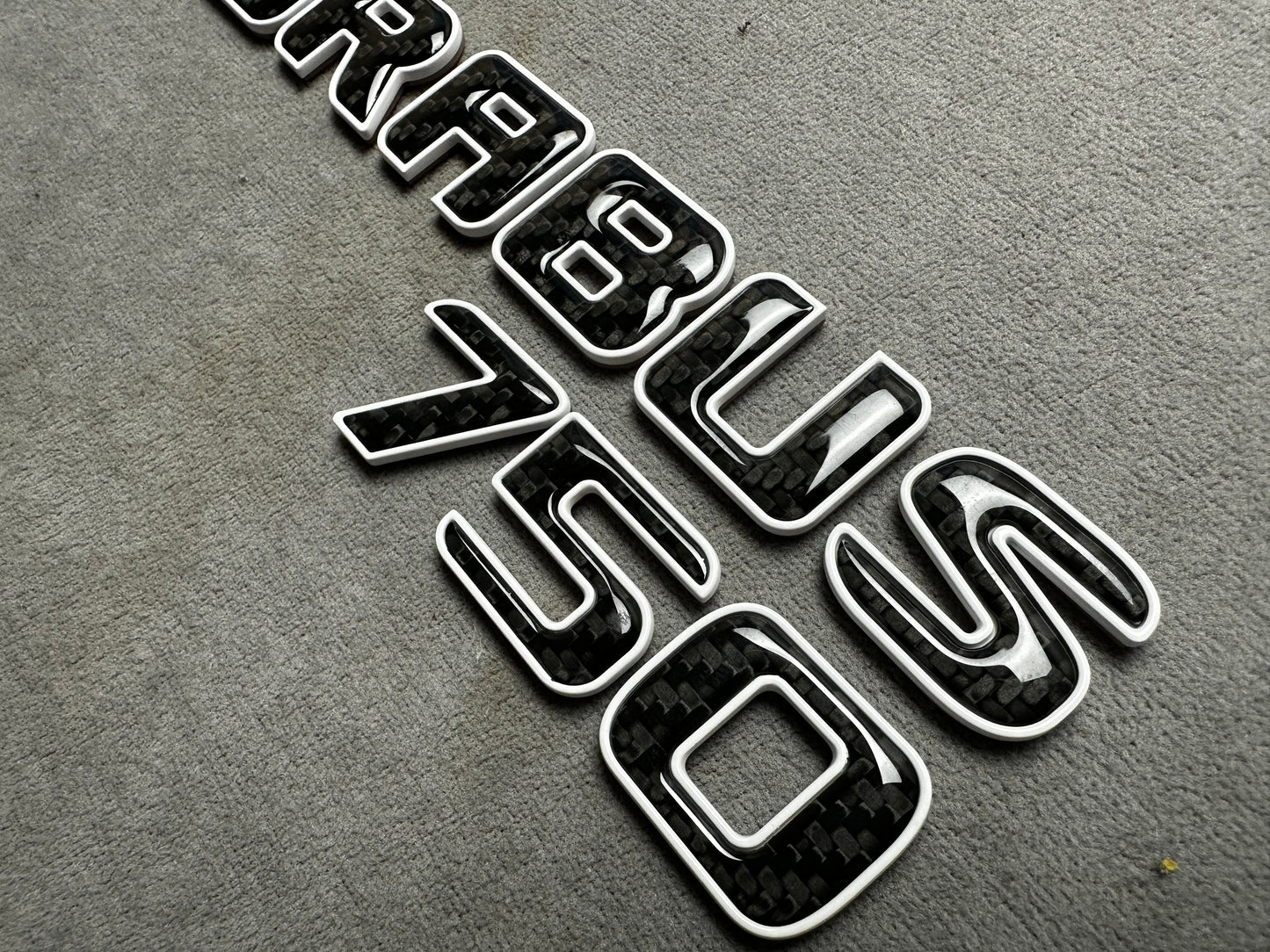 Brabus 750 white metallic emblem badge with carbon accents for AMG Mercedes SL 63 trunk, premium quality and easy installation