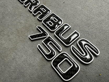 Brabus 750 white metallic emblem badge with carbon accents for AMG Mercedes SL 63 trunk, premium quality and easy installation