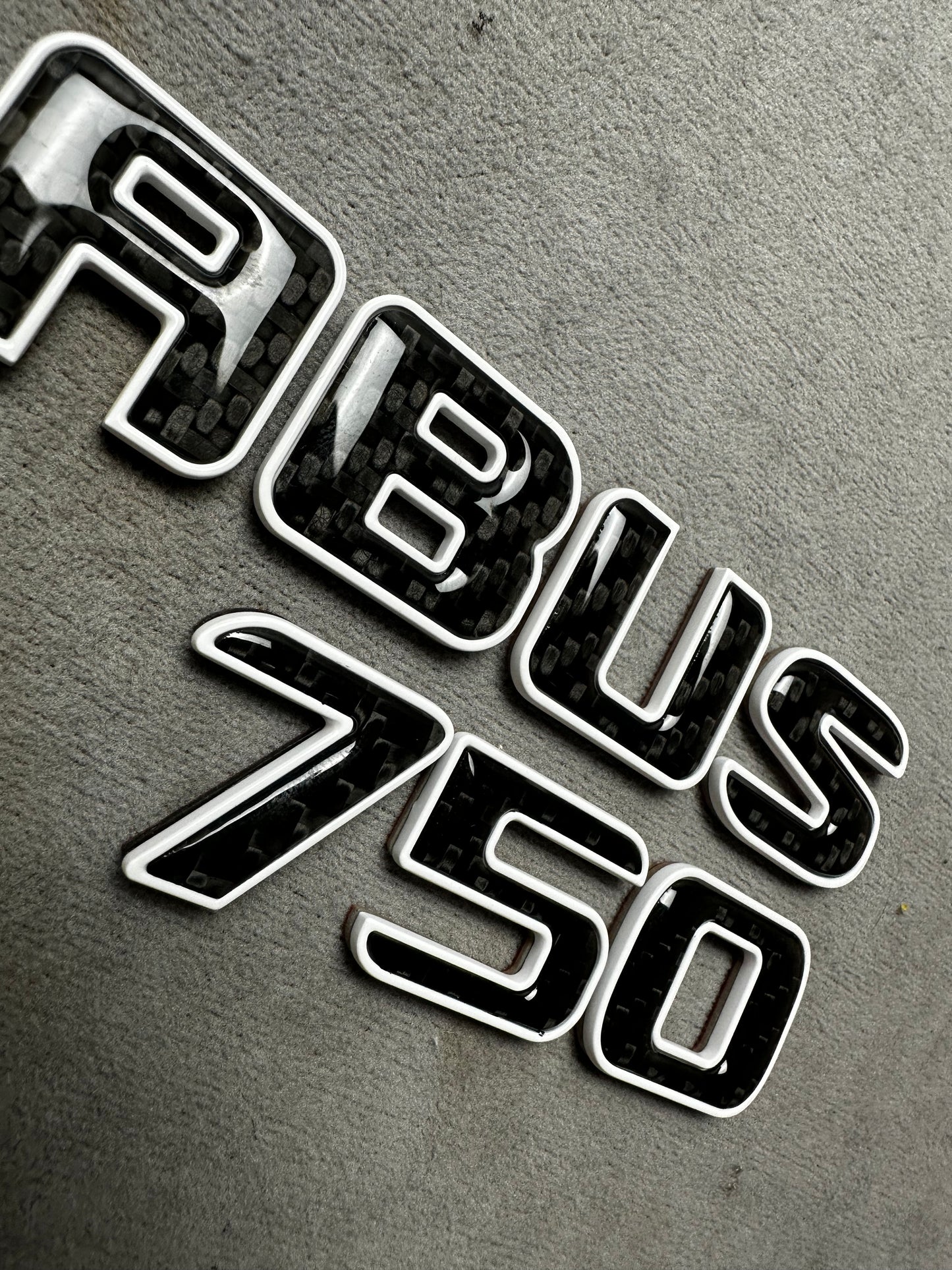 Brabus 750 white metallic emblem badge with carbon accents for AMG Mercedes SL 63 trunk, premium quality and easy installation