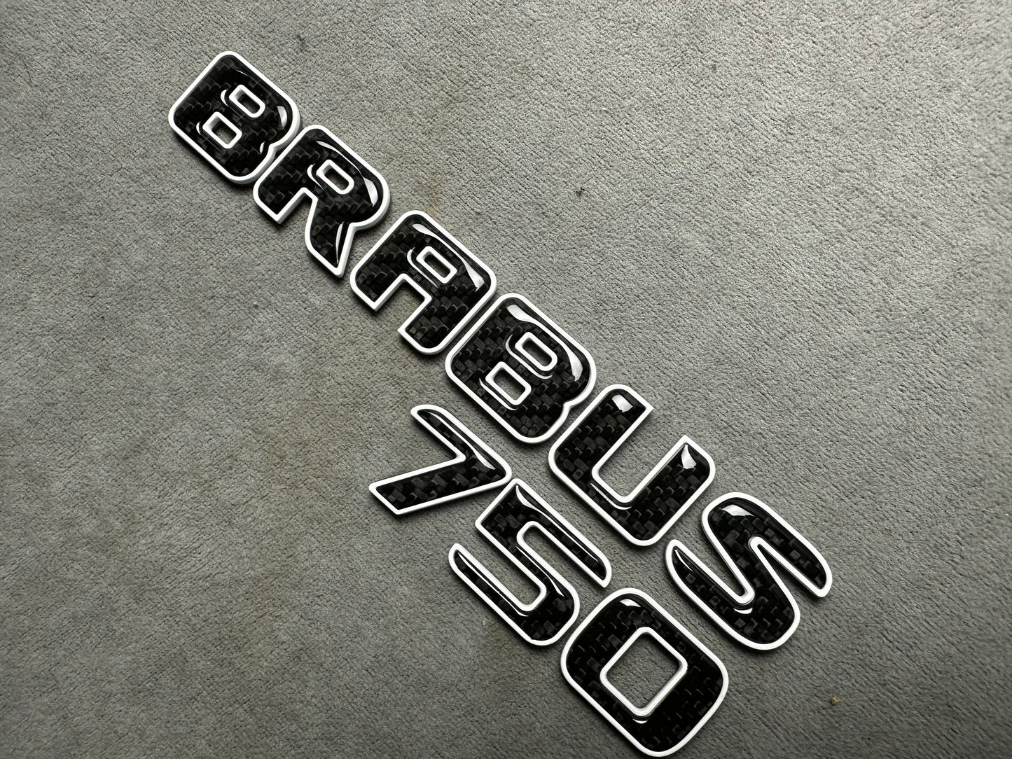 Brabus 750 white metallic emblem badge with carbon accents for AMG Mercedes SL 63 trunk, premium quality and easy installation