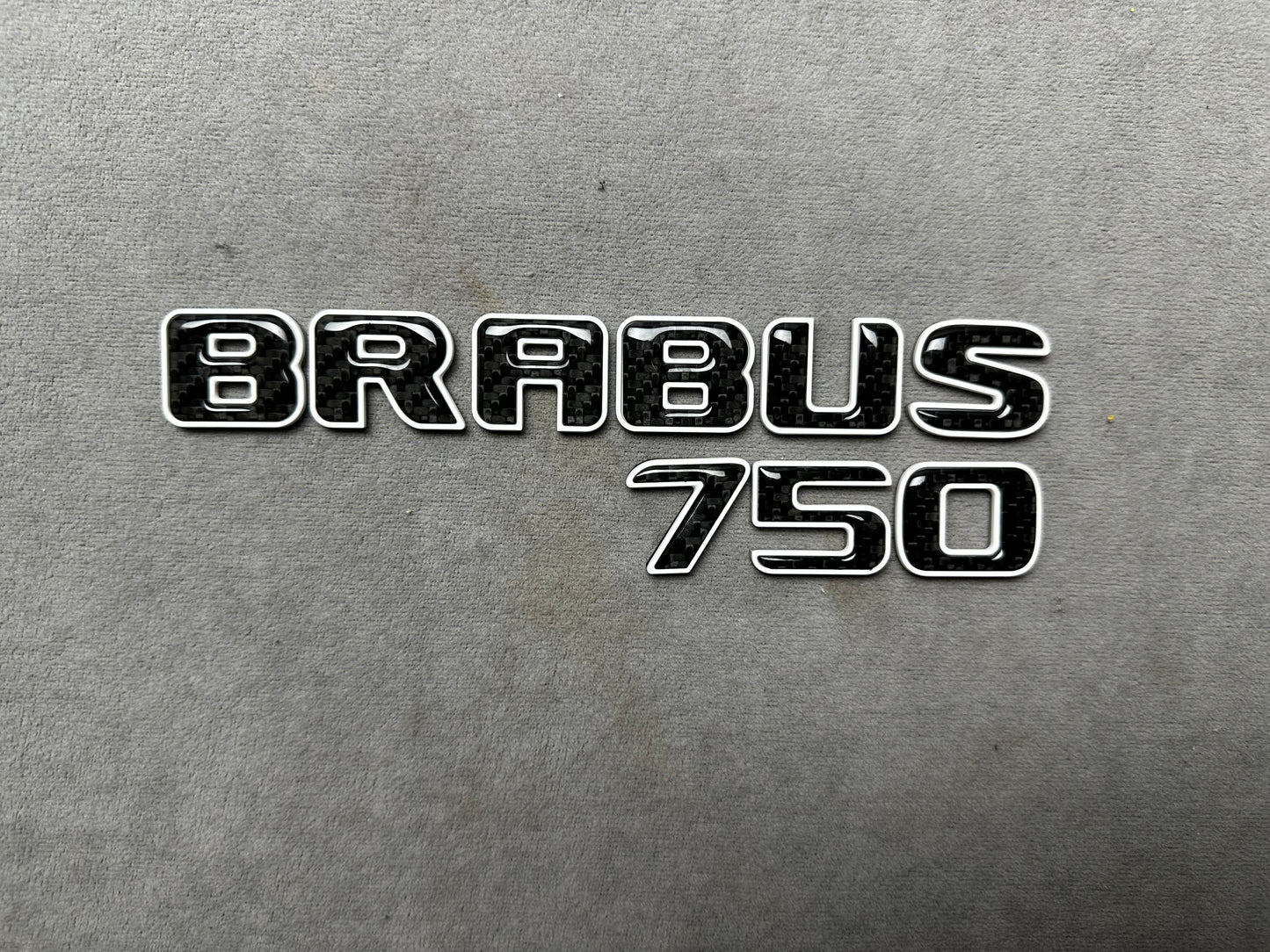 Brabus 750 white metallic emblem badge with carbon accents for AMG Mercedes SL 63 trunk, premium quality and easy installation
